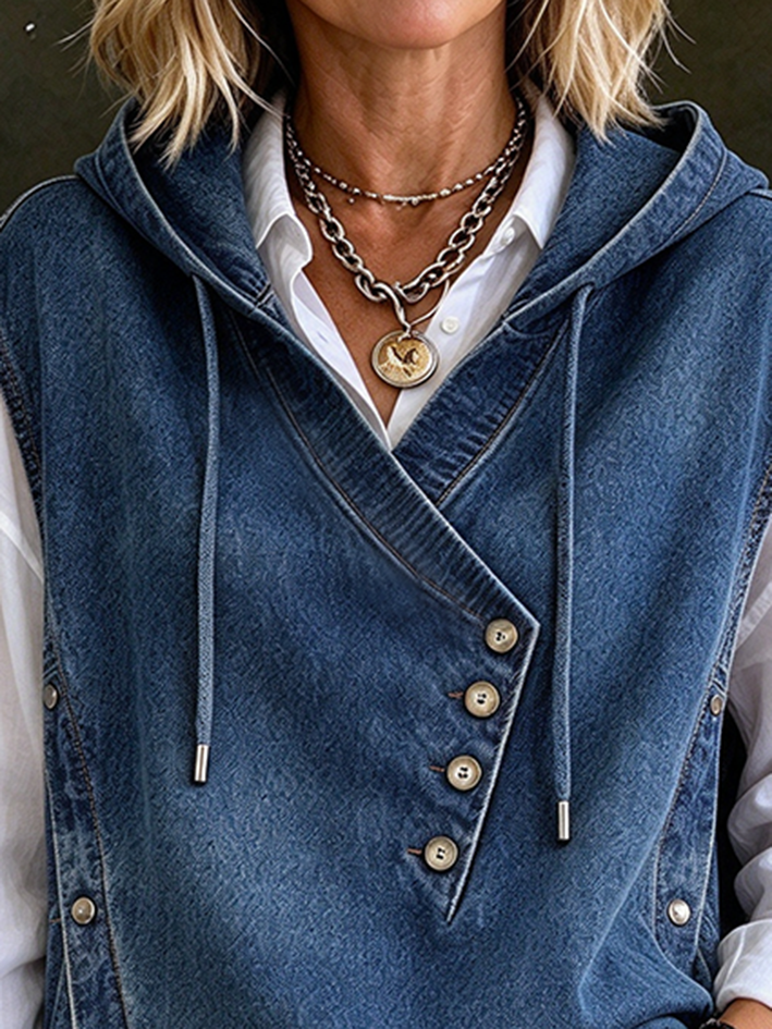 Eleganta Casual Nesimetria Butono Kolo Denim Kapuĉita
