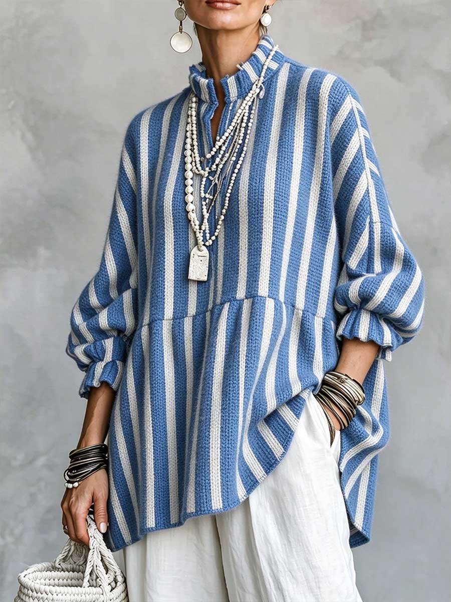 Top tunica da donna in maglia peplo a righe con colletto a volant