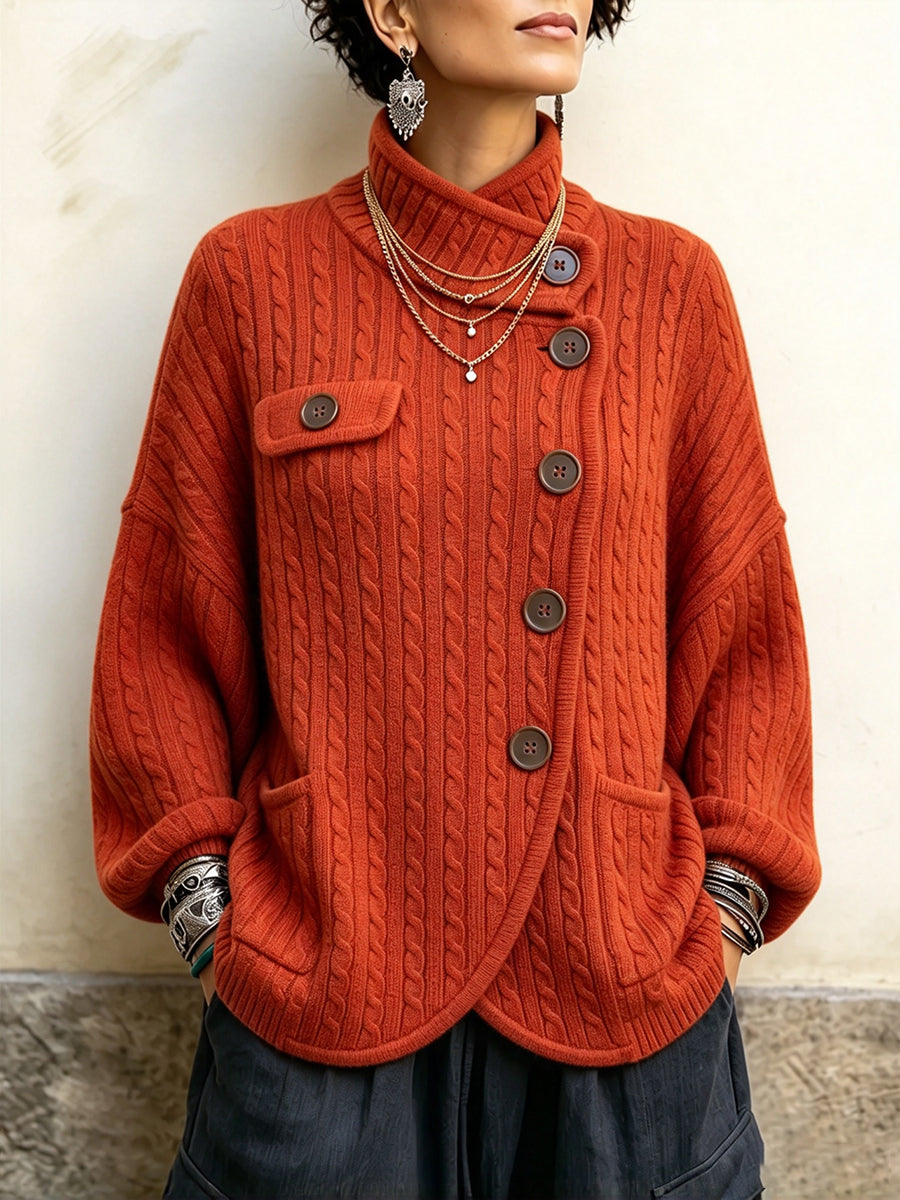 Cozy Asymmetric Cable-knit Cardigan With Stand Collar
