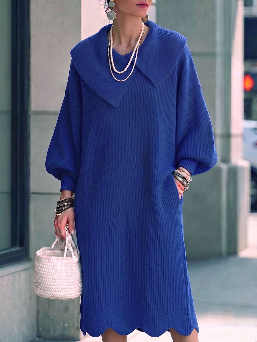 Women's Solid Color Collared Long Sleeve Casual Loose Knit Dress
