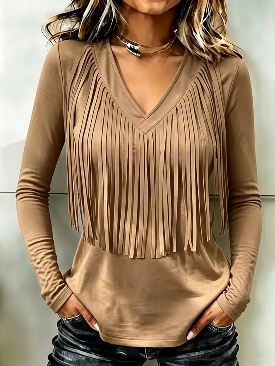 Top da donna con nappe casual larghe con scollo a V a maniche lunghe in tinta unita