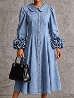 Women's Peter Pan Collar Three-dimensional Floral Long-sleeved Casual Loose A-line Denim Dress