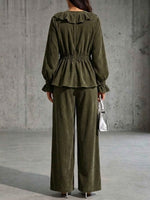 V-neck Ruffled Corduroy Wide-leg Pants Set