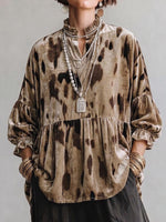 Women's Abstract Print Stand Collar 3/4 Sleeve Casual Loose Velvet Top