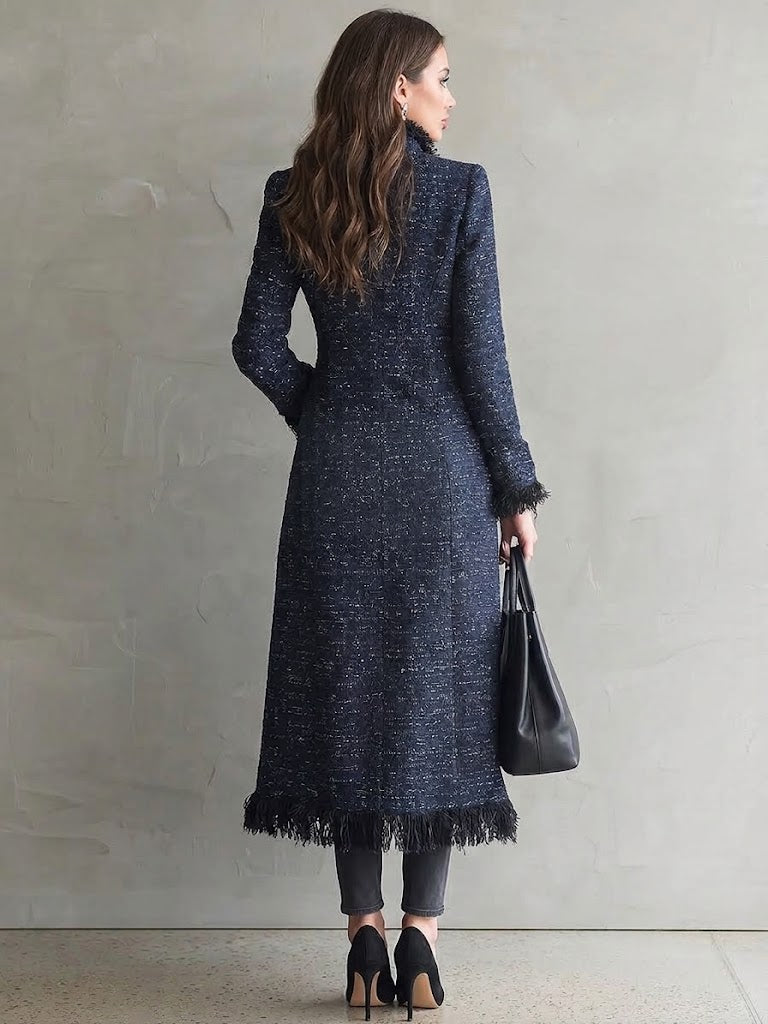 Exquisite And Glamorous Long Navy Blue Tweed Coat With Tassels.