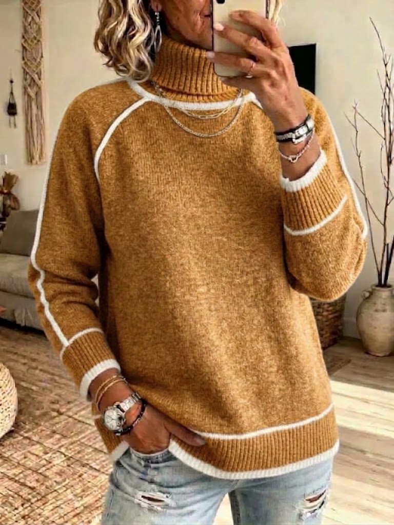 Maglione a collo alto in maglia raglan con finiture bianche a contrasto