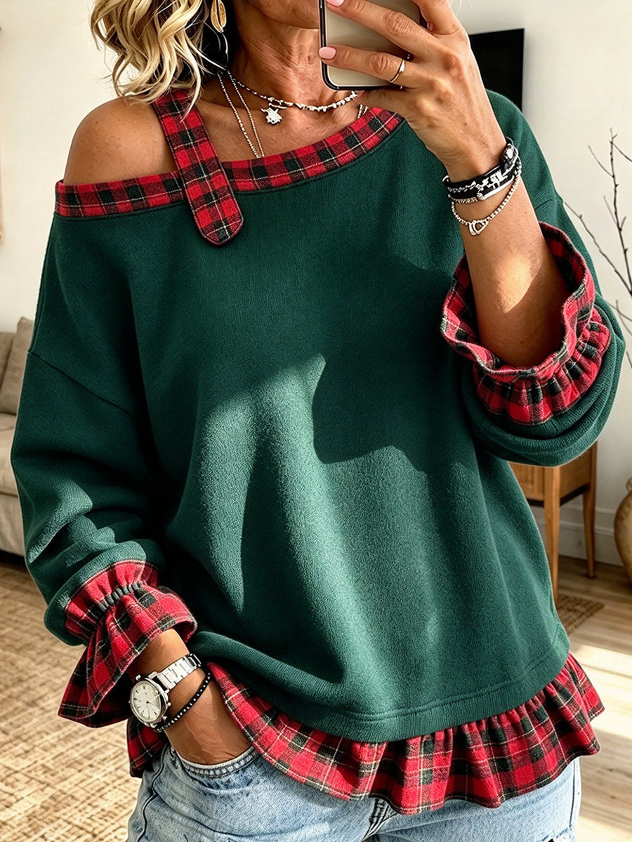 Sudadera informal elegante con hombros descubiertos y paneles a cuadros
