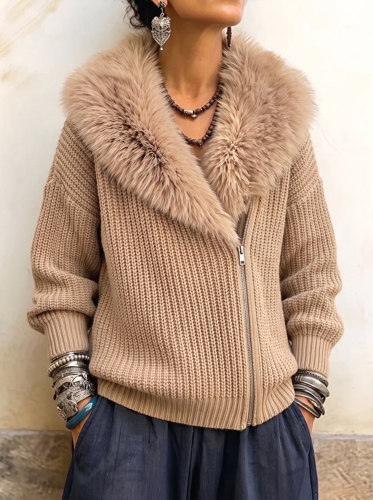 Cárdigan de punto acanalado con cuello de piel sintética para mujer - Chaqueta suéter gruesa con cremallera asimétrica