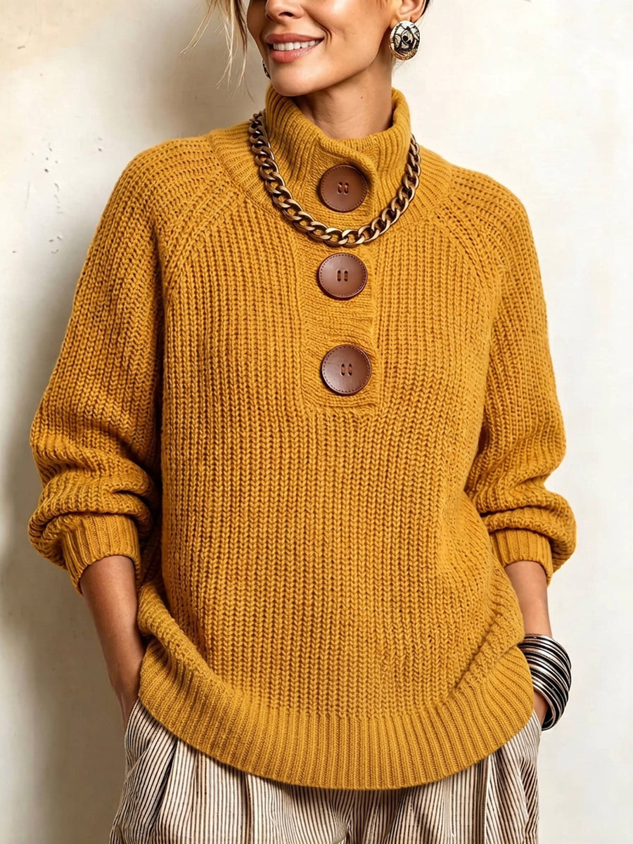 Komforta Buton-Akcentita Ribbed Trikita Svetero