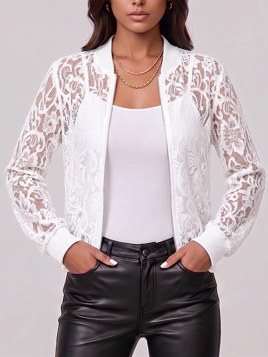 Women's Solid Color Stand Collar Long-sleeved Casual Loose Lace Jacket