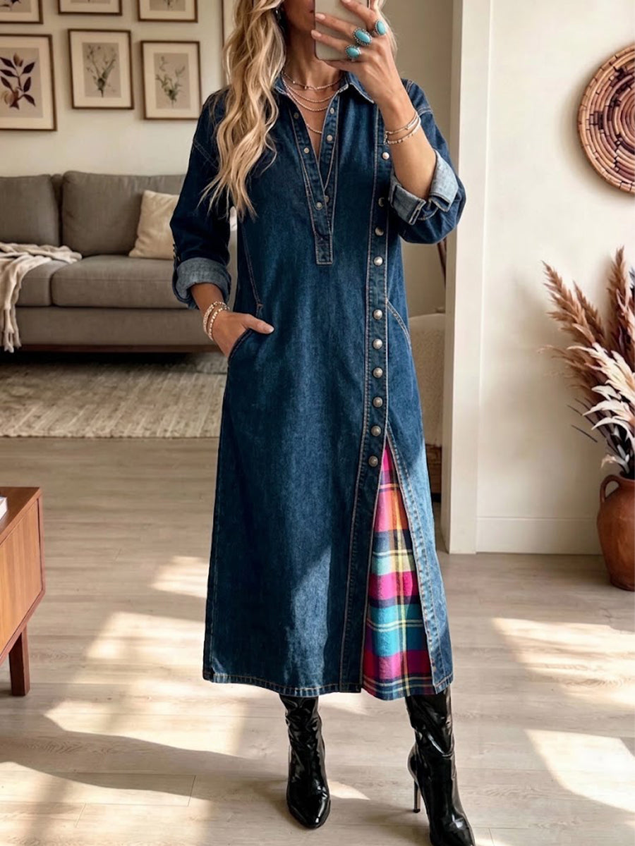 Gonna lunga in denim con pannelli scozzesi e spacchi laterali