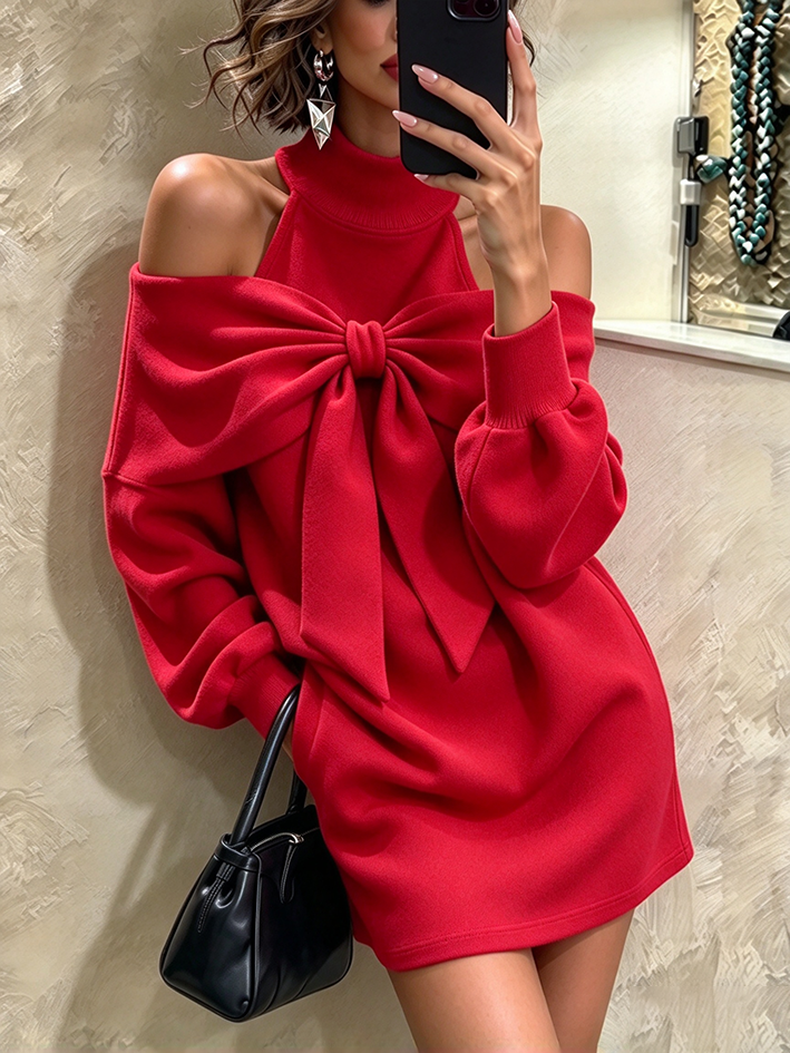 Vestido rojo elegante con lazo y hombros descubiertos