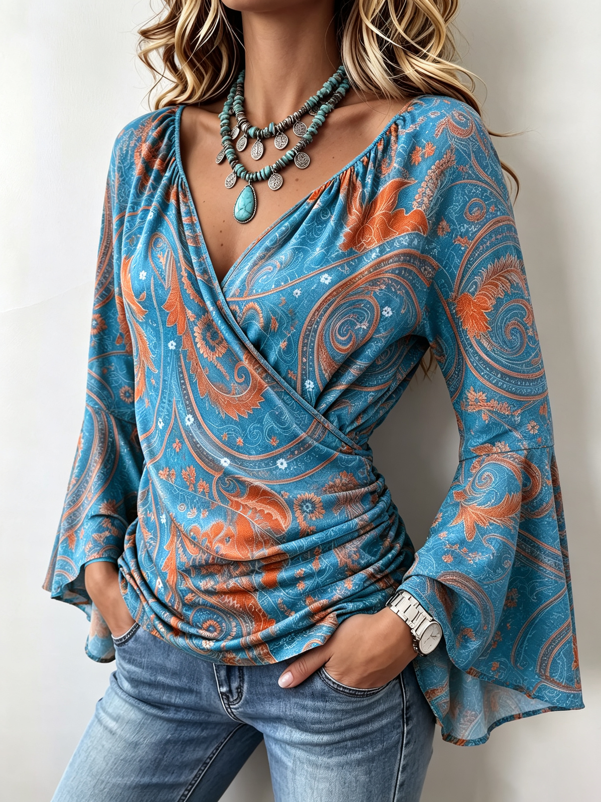 Böhmische, lässige Stretch-Bluse mit Glockenärmeln