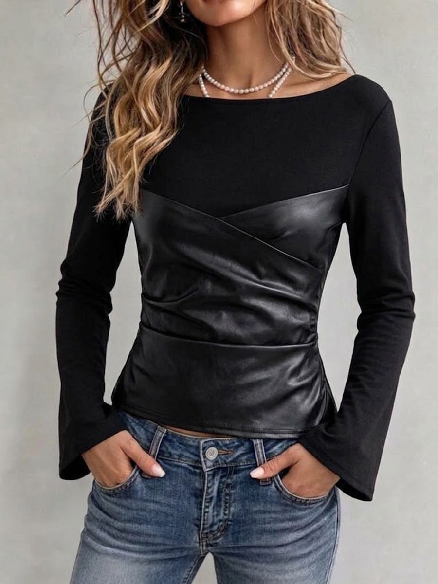 Round-neck Knitted Tube Top With Ruched Leather Paneling And Flared Sleeves