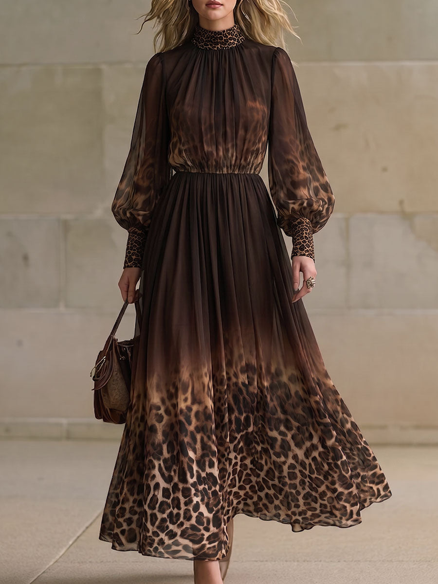 Women's Leopard Print Stand Collar Long Sleeve Casual Loose Chiffon Dress