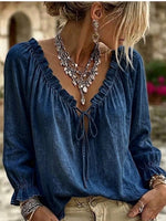 Ruffled V-neck Denim Shirt