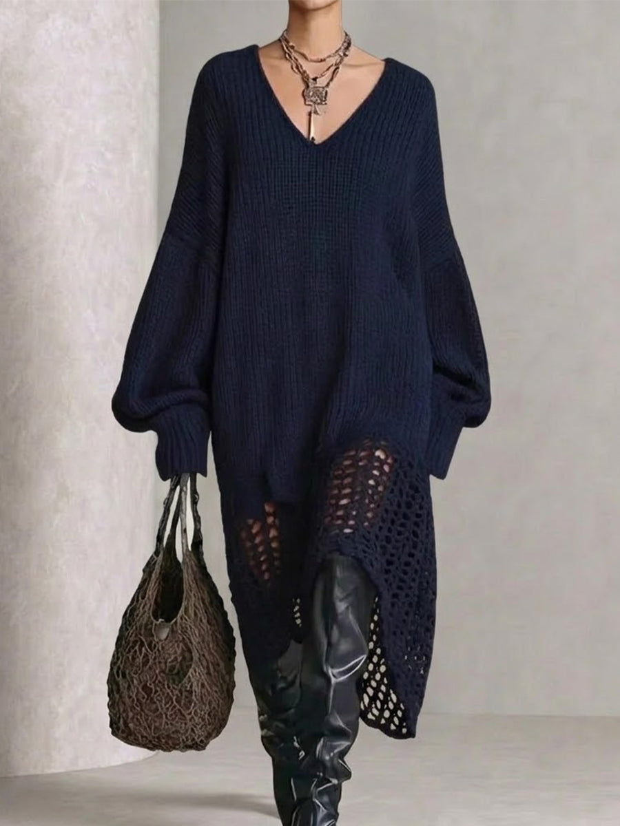 Long, Loose-fitting Knit Sweater Dress With A V-neck, Cut-out Details, And An Asymmetrical Hem