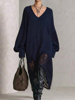 Long, Loose-fitting Knit Sweater Dress With A V-neck, Cut-out Details, And An Asymmetrical Hem