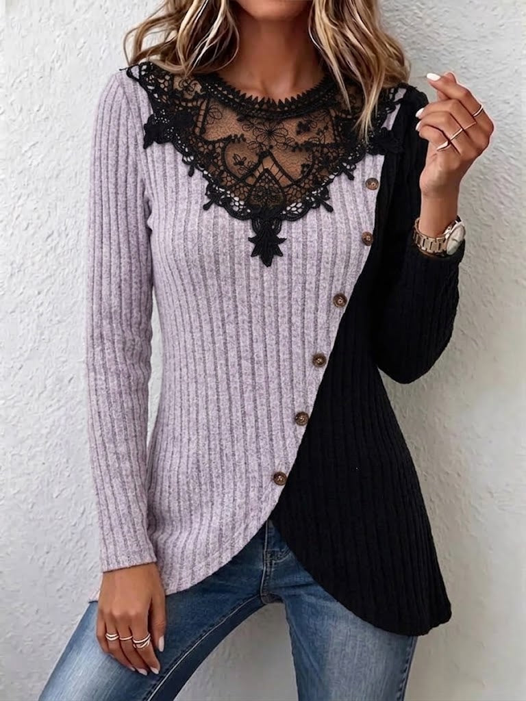 Ribbed Knit Long-sleeve Top Featuring Lace Splicing, Color-blocking, An Asymmetrical Design, And A Side-button Closure