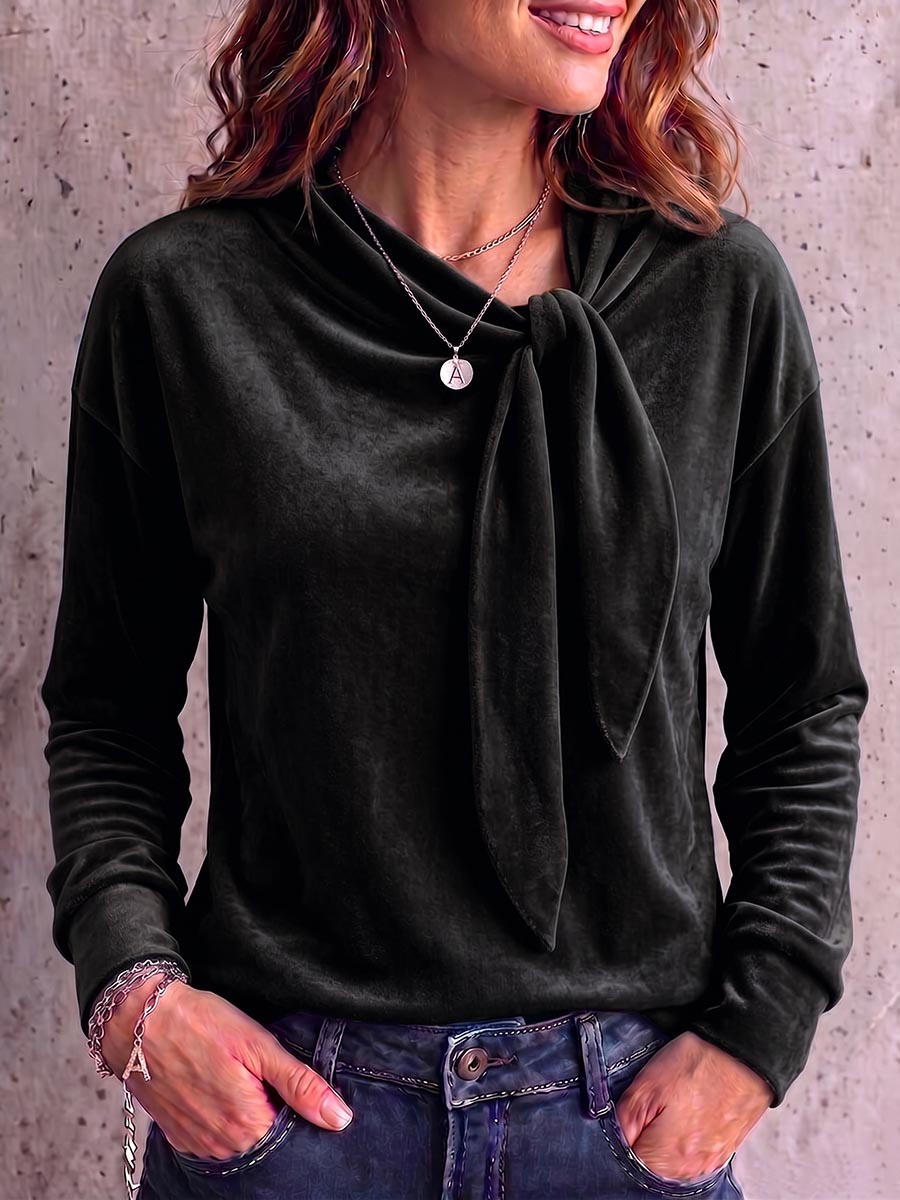 Women's Solid Color Round Neck Tie-waist Long Sleeve Casual Loose Velvet Top