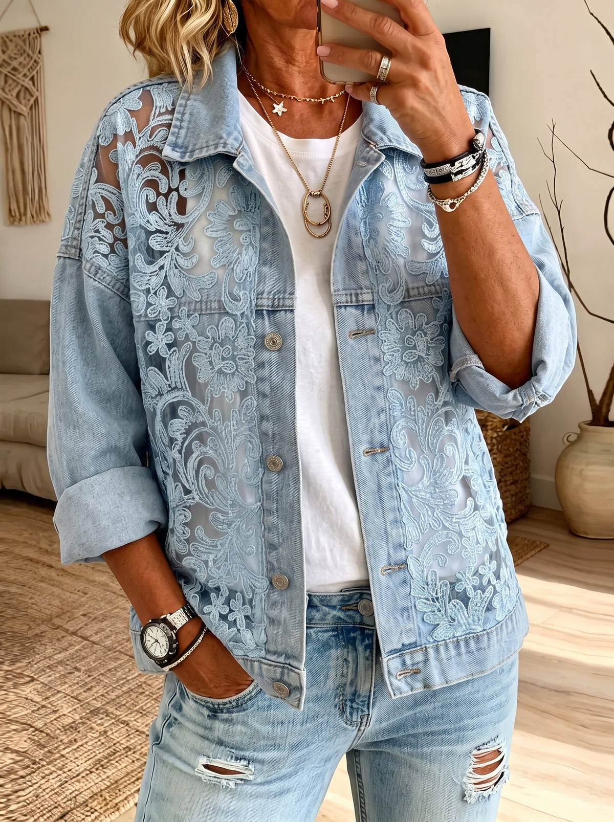 Vintage Sheer Floral Lace Patchwork Denim Jacket