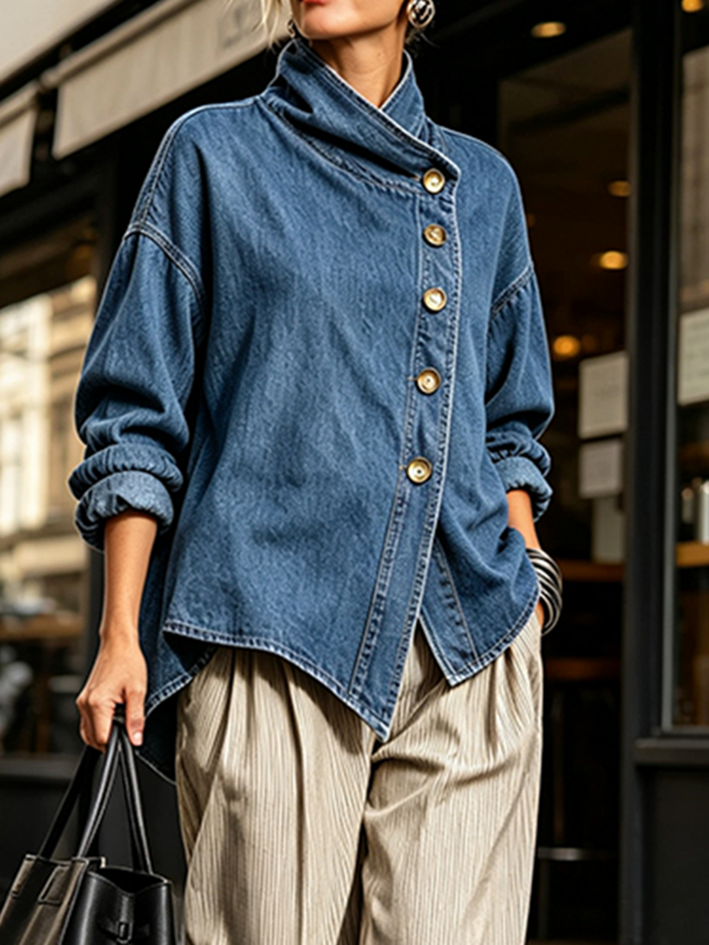 Ŝika Oversized Malsimetria Denim Ĉemizo