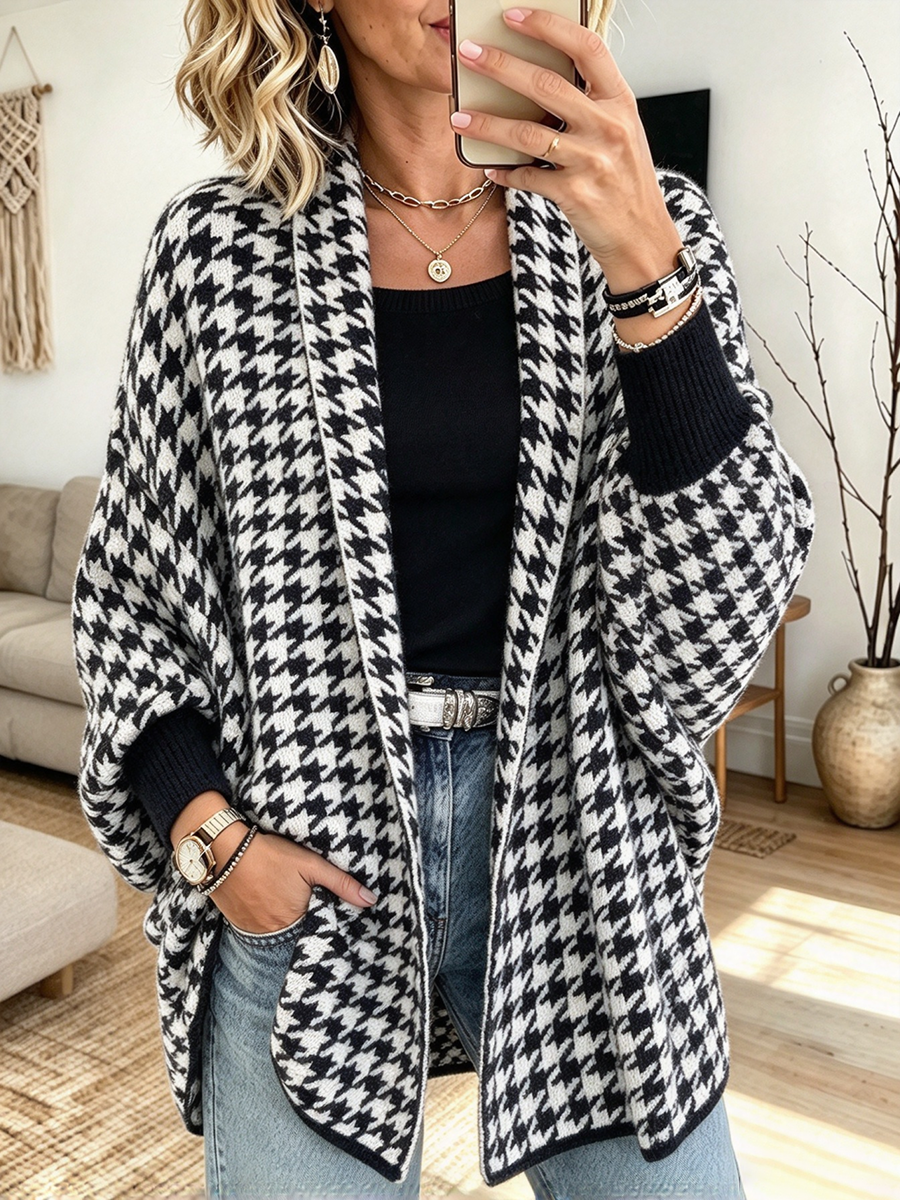 Komforta Ŝika Houndstooth Trikita Aŭtuna Kardigano