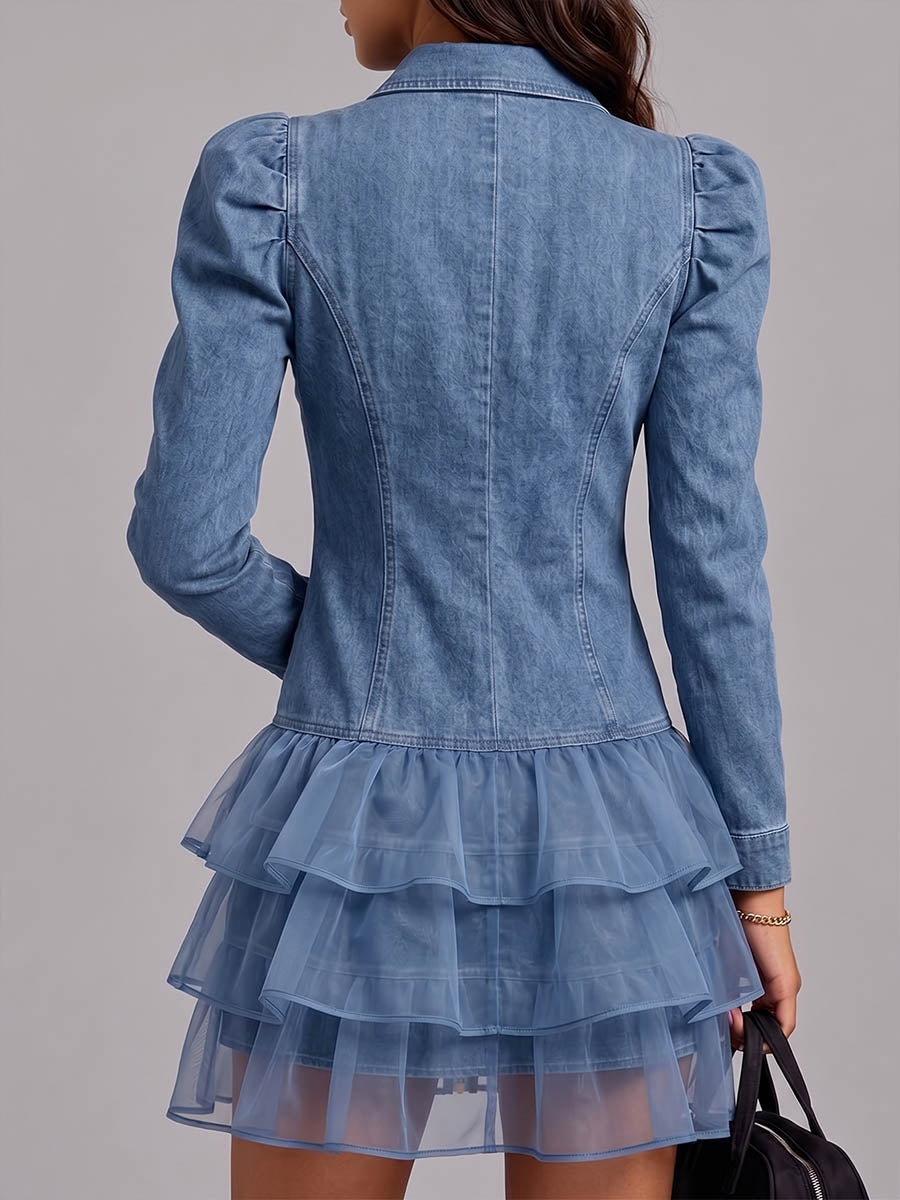 Women's Collared Long-sleeved Casual Loose Denim Patchwork Dress