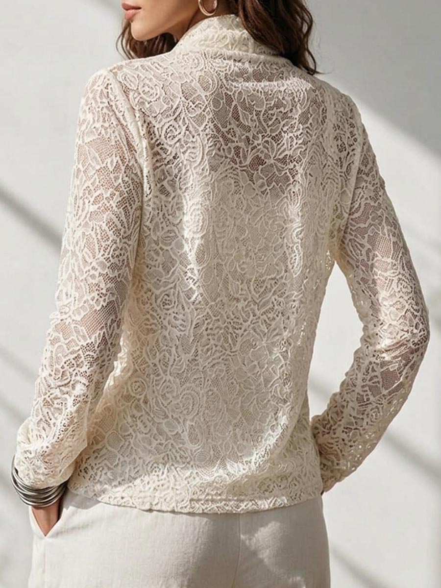 Top bordado con encaje plisado suelto informal de manga larga con cuello simulado de color sólido para mujer
