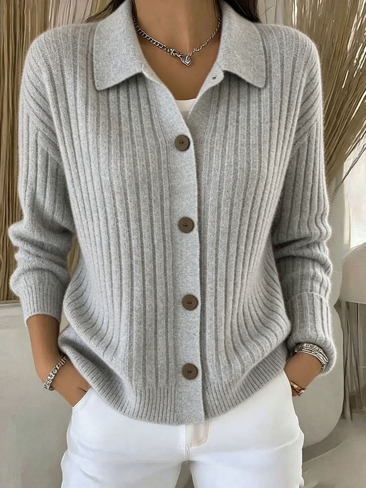 Cozy Vibrant Blue Ribbed Collared Button-down Cardigan Sweater