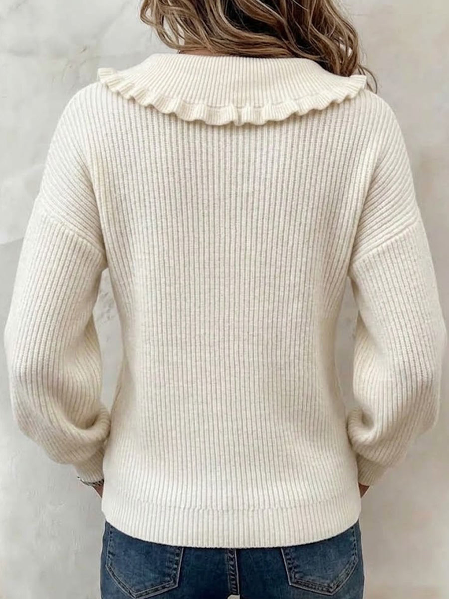 Ruffled Ribbed Knit Sweater With Partial Button Placket
