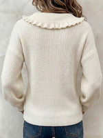 Ruffled Ribbed Knit Sweater With Partial Button Placket