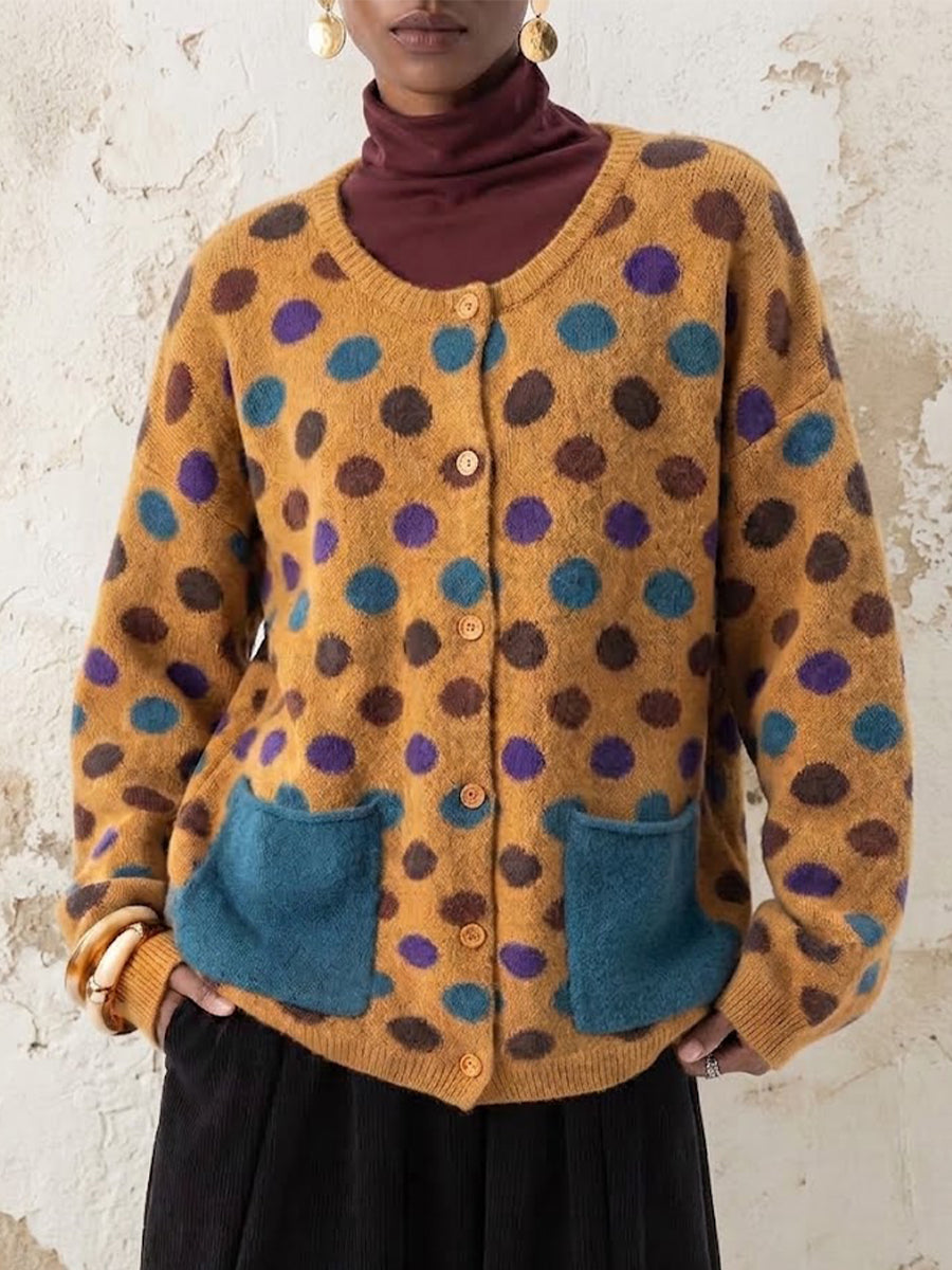 Loose-fit Knit Cardigan Featuring A Crew Neck, Contrasting Color Details, And Colorful Polka-dot Pockets