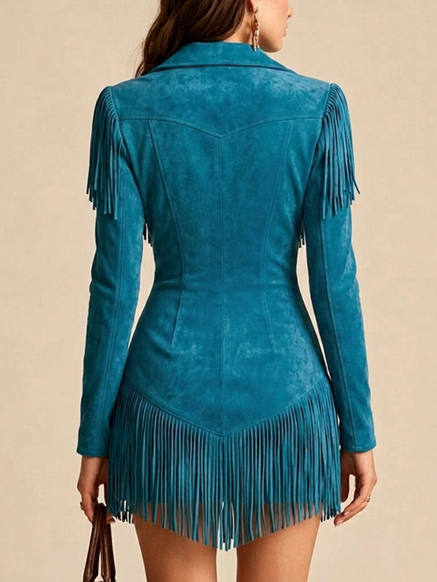 Minivestido estilo western con flecos y cremallera de ante sintético