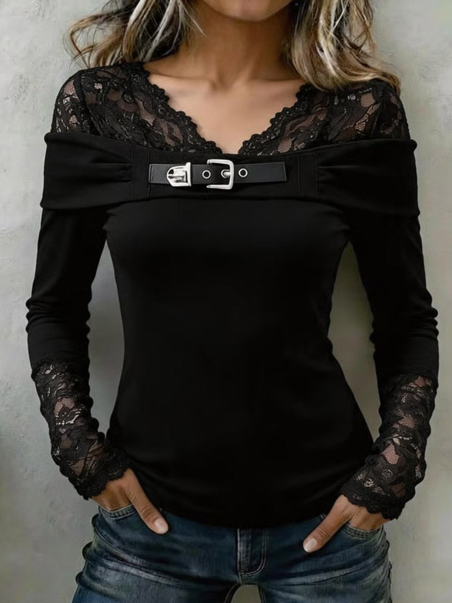 Women's Solid Color V-neck Long-sleeve Casual Loose Lace-panel Top