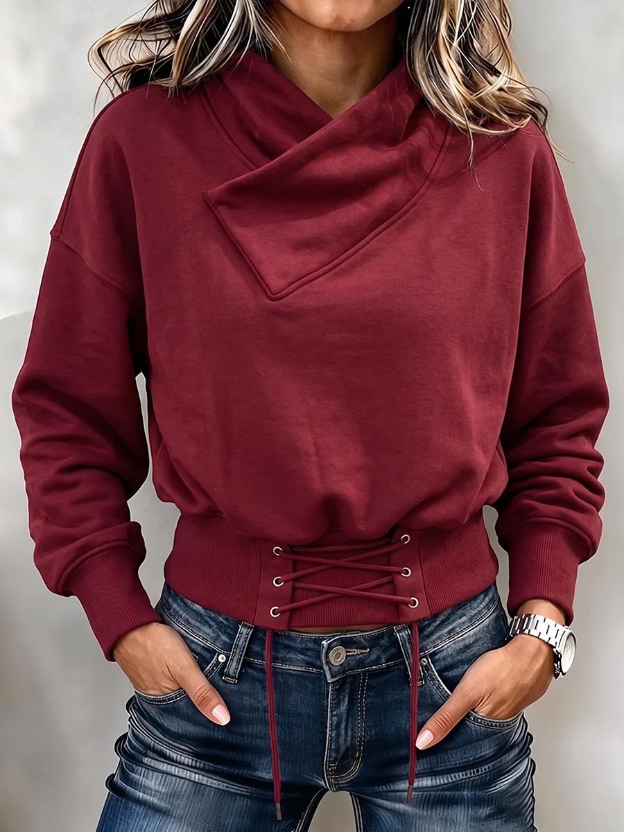 Felpa pullover da donna con collo asimmetrico e allacciatura in vita