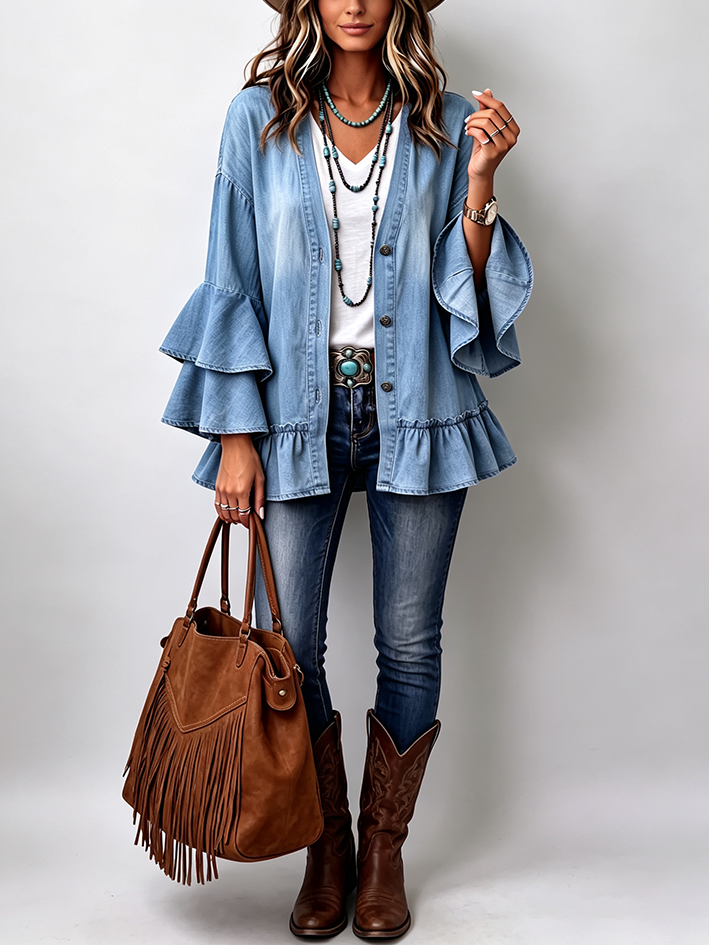 Chic Boho Tiered Ruffle Sleeve Denim Cardigan