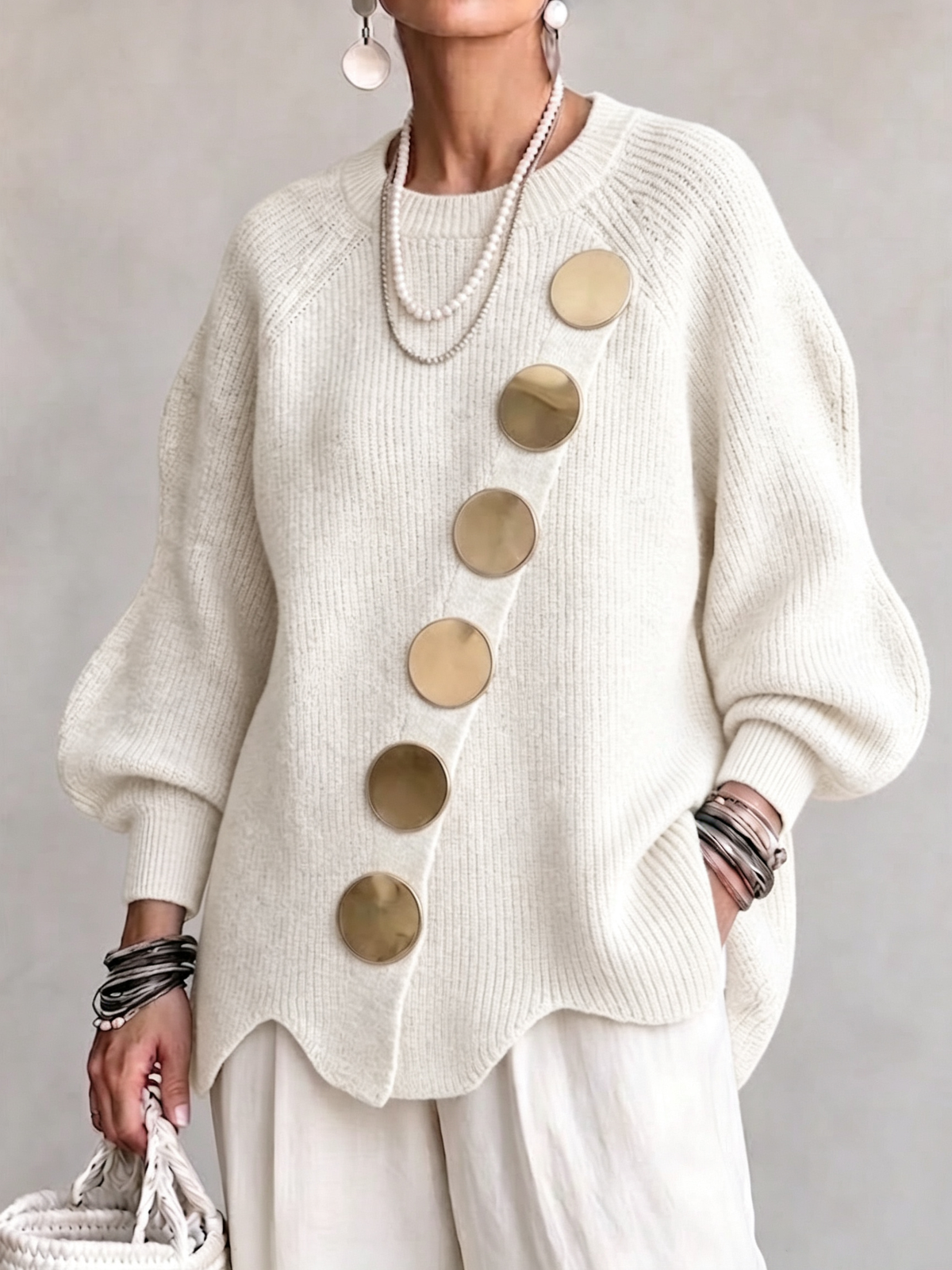 Loose-fit Knit Top With An Asymmetrical Placket, Large Metal Button, And Wavy Hem