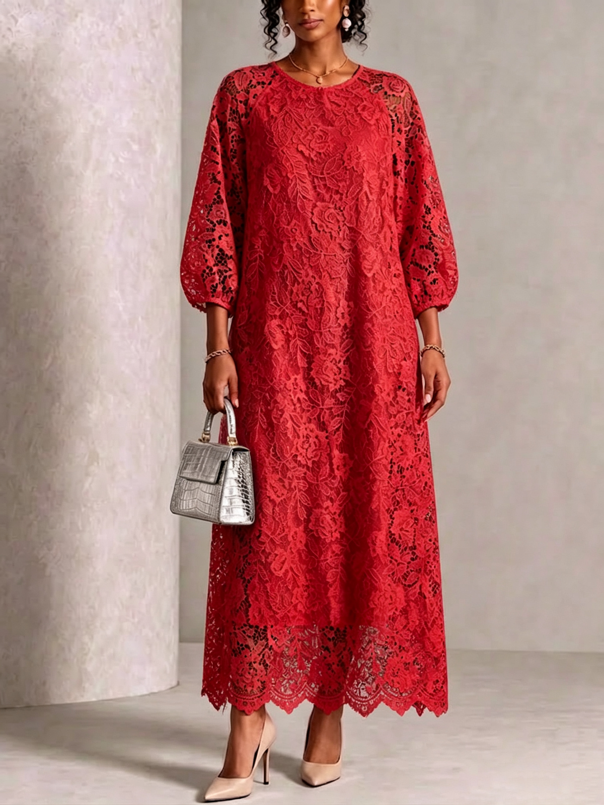 Round‑neck Raglan Lantern‑sleeve Lace Maxi Dress
