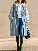 Casual Oversized Long Denim Jacket With A Hooded, Paneled Design