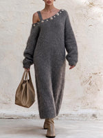Women's Solid-color Off-shoulder Long-sleeve Loose-fit Mohair-blend Knit Dress