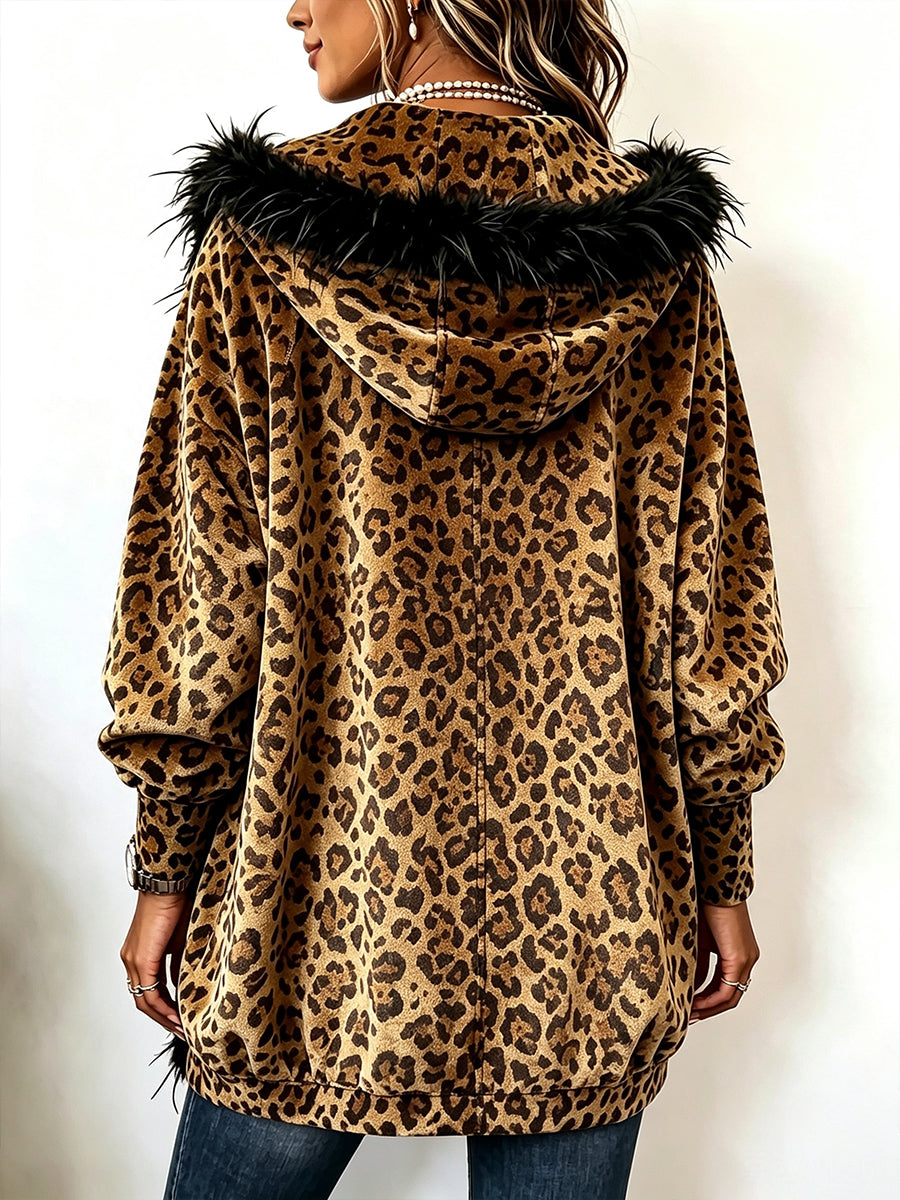 Cozy Feather Trim Leopard Velvet Cardigan