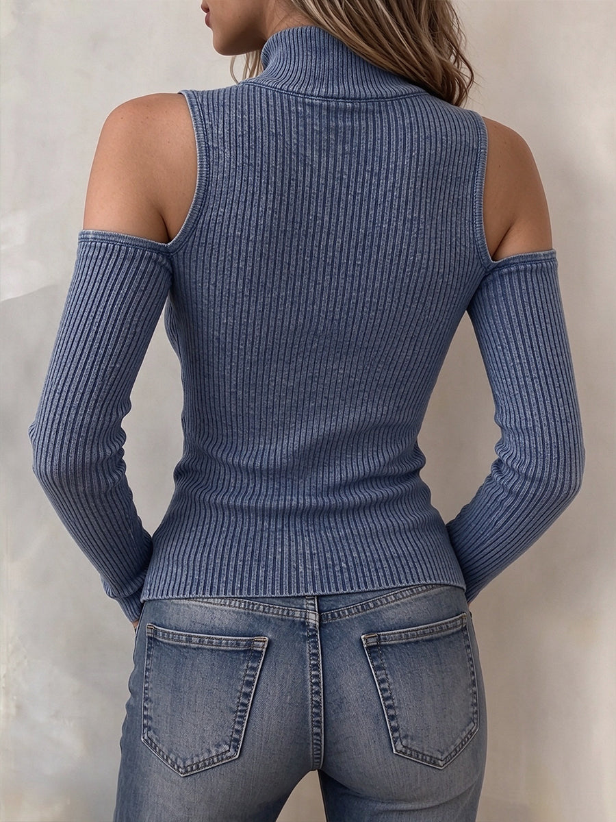 Top chic in maglia lavata a costine con zip intera e spalle scoperte