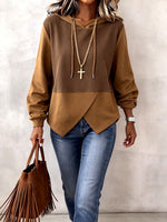 Cozy Color-blocked Knit Hooded Top With Layered Hem