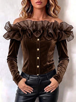 Tulle Ruffle Off‑shoulder Velvet Fitted Long‑sleeve Top