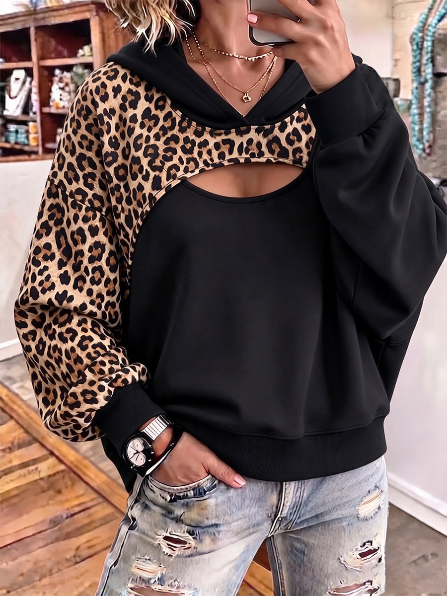 Ausgefallenes Kapuzenpullover mit Leoparden-Patchwork-Ausschnitt