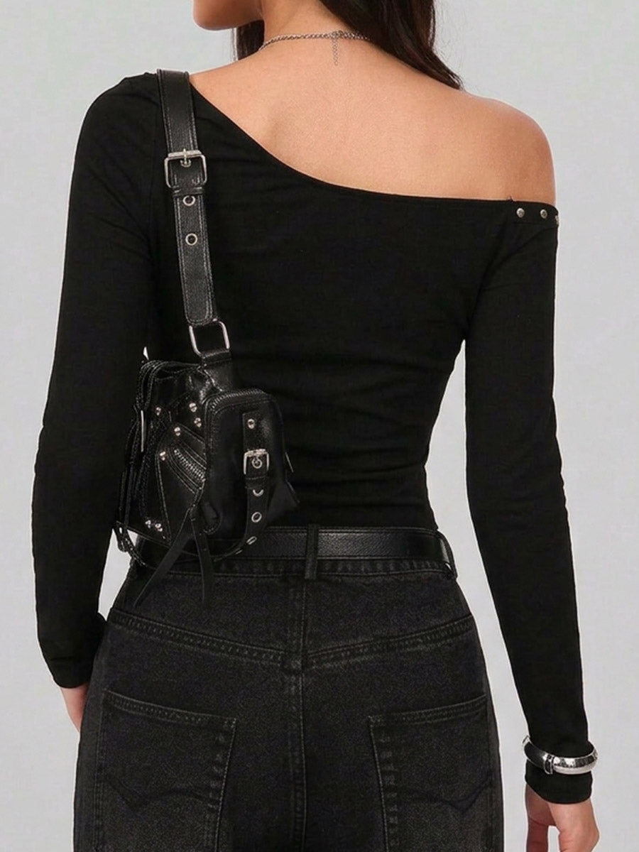 Women's Solid Color Asymmetric Off-shoulder Long-sleeve Loose Casual Studded Top