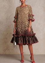 Stylish Ombré Leopard Print Linen-cotton Ruffle Dress