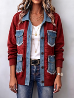 Retro Color-blocked Casual Denim Patchwork Knit Jacket
