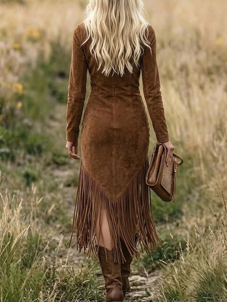 Virina Okcidenta Falsa Suede Franĝa V-Kolo Zip-Up Longa Manika Midi-Robo
